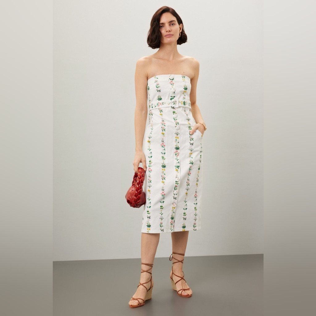 Adam Lippes White Strapless Midi Dress With Floral Stripes